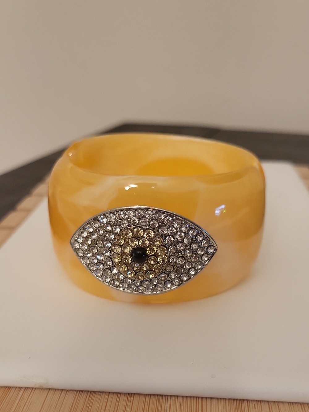 Vintage Lucite Hinged Rhinestone Evil Eye Bangle Bracelet